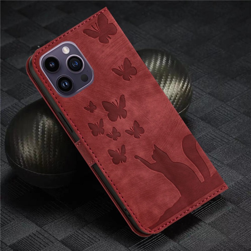 Embossed Butterfly Cat Card Slot Wallet Flip Case 